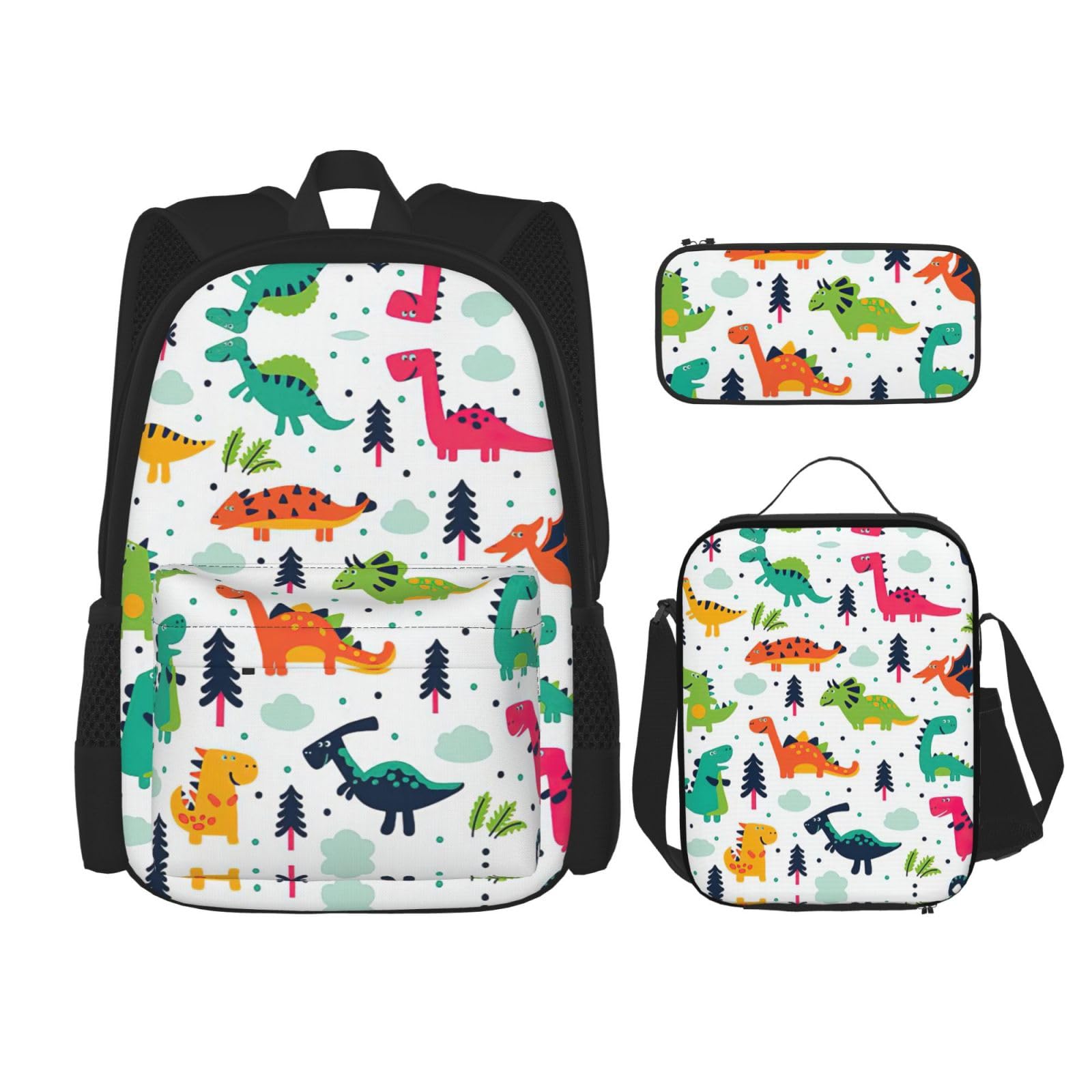 WURTON Bunte Dinosaurier-Drucke, verstellbare Schultergurte, Rucksack-Set, Lunchtasche, Federmäppchen, Kombinationstaschen-Set, Schwarz , Einheitsgröße