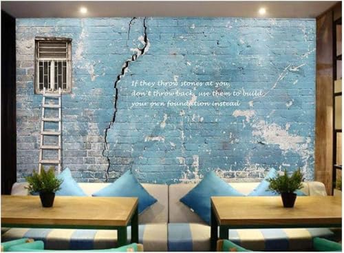 Vintage Inspirational Blaue Backsteinmauer Fenster Holztreppe 3D Tapete Poster Restaurant Schlafzimmer Wohnzimmer Sofa TV Dekorative Wand-150cm×105cm