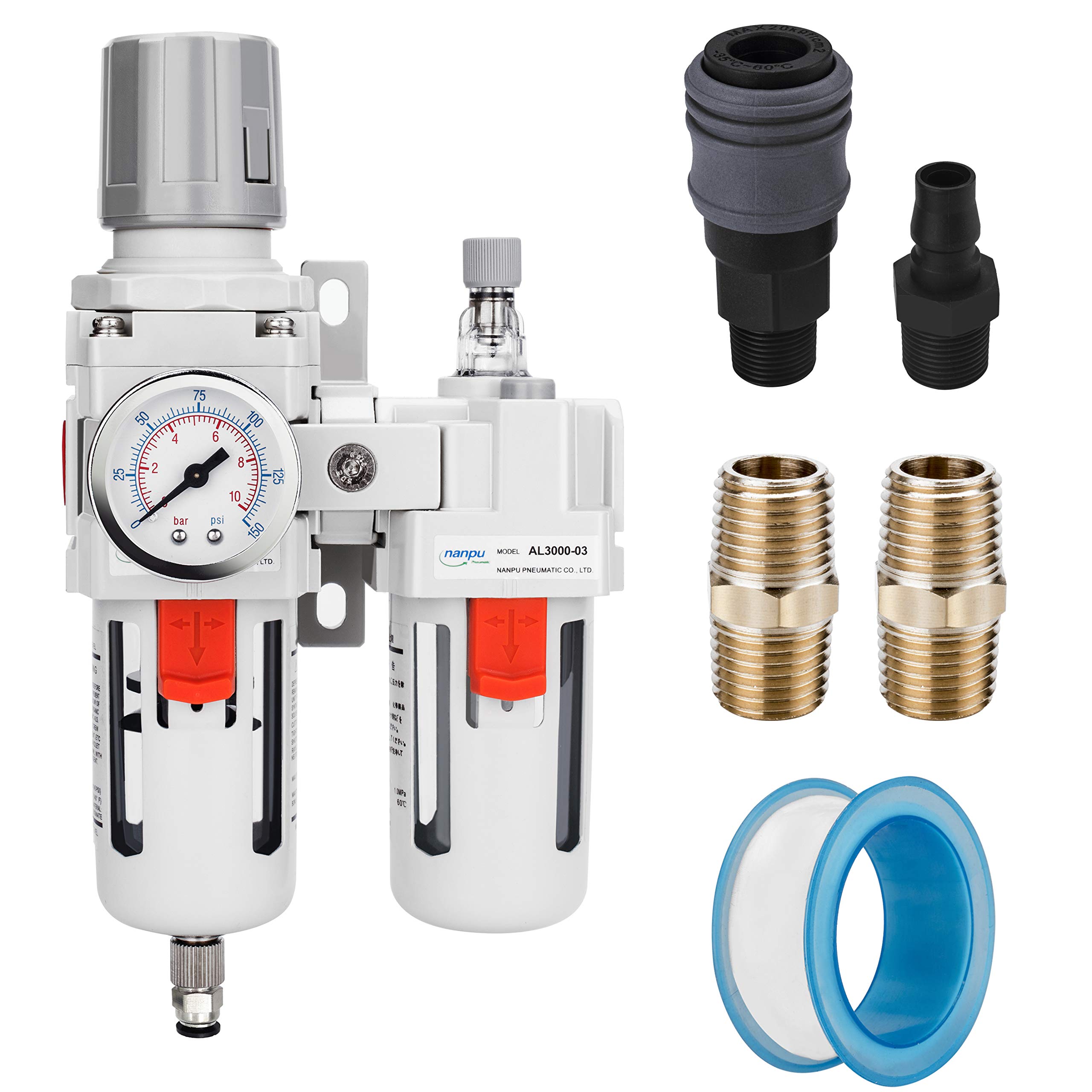 NANPU 1/2" BSP Druckluft Filterregler Schmierstoffgeber Kombi-Wasser-/Ölabscheider - Manometer (0-10 bar), Poly-Schale, Halbautomatisches Ablassen, Halterung