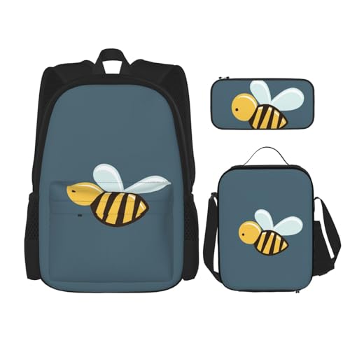 WURTON Rucksack mit Cartoon-Bienen-Druck, 3-in-1-Büchertaschen-Set, Lunchbox, Federmäppchen, Reise-Laptop-Tagesrucksäcke, Schwarz, Einheitsgröße