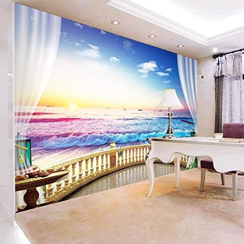 XLMING Balkon Fenster Strand Meerblick Zeichen Küche Esszimmer Arbeitszimmer Wohnzimmer TV Hintergrund Wand 3D Tapete-300cm×210cm