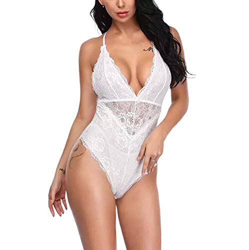 Damen Reizwäsche Teddy Unterwäsche Sexy Mesh Bodysuit Mit Spitzennähten Sexy Pyjama Unterwäsche Weiß L