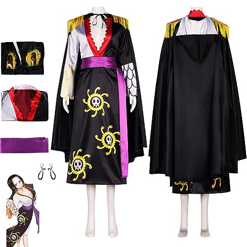 RUIZE Anime Einteiliges Boa Hancock-Cosplay-Kostüm mit Ohrringen, schwarzer Uniform-Bademantel, Umhang, komplettes Set, für Damen und Mädchen, Halloween, Schwarz, Größe M