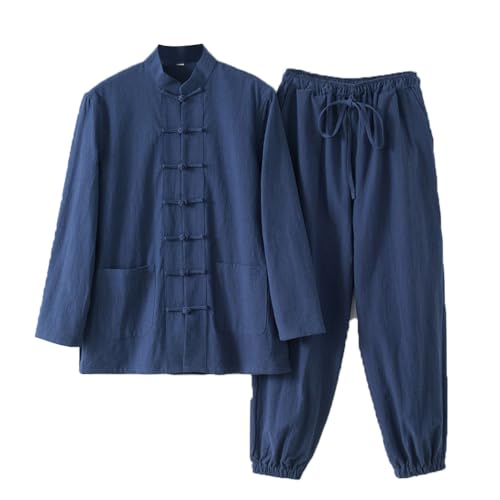 ZHOUXIAO Baumwollwäsche Tai Chi Uniform Männer Kung Fu Kleidung Langarm chinesische traditionelle Kleidung, großer Tanganzug Hanfu Hosen Jacken Kampfkunstanzug Meditation Kle blue-XXL