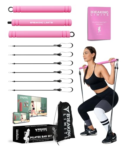 Breaking Limits Pilates Bar Set - Längenverstellbare Fitness Stange + 6 Widerstandsbänder - Ganzkörper Workout für Zuhause - Edelstahl mit Dichtem Schaumstoffbezug, Rutschfester Fußriemen