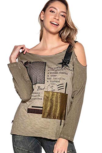 Cipo & Baxx Damen Longsleeve Sweatshirt Langarmshirt Pullover One-Shoulder-Stil Glitzer Cut-Out im Schulterbereich Khaki L