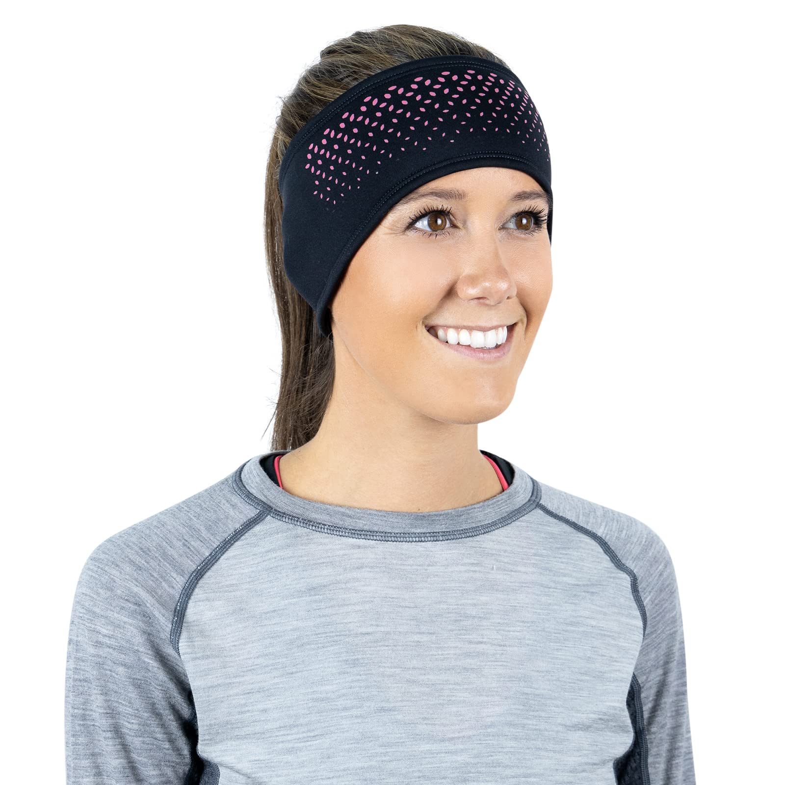 TrailHeads Tempo Stirnband Herren Sport - Lauf Stirnband Damen Winter | Ohrenschützer | Feuchtigkeitsregulierendes Stirnband - Schwarz/Pink reflektierend