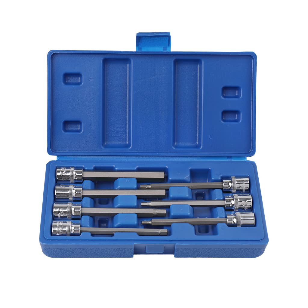 3/8 Zoll für extra langes Inbus-Bit-Steckschlüssel-Set mit Aufbewahrungsbox, metrisch, 3 mm - 10 mm, 7-teiliges Set