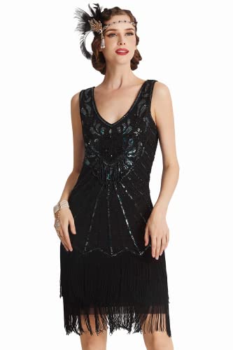 BABEYOND Damen Retro 1920er Stil Flapper Kleider mit Zwei Schichten Troddel V Ausschnitt Great Gatsby Motto Party Kostüm Kleider- Gr. M (Fits 78-88 cm Waist & 96-106 cm Hips), Lavendel Schwarz