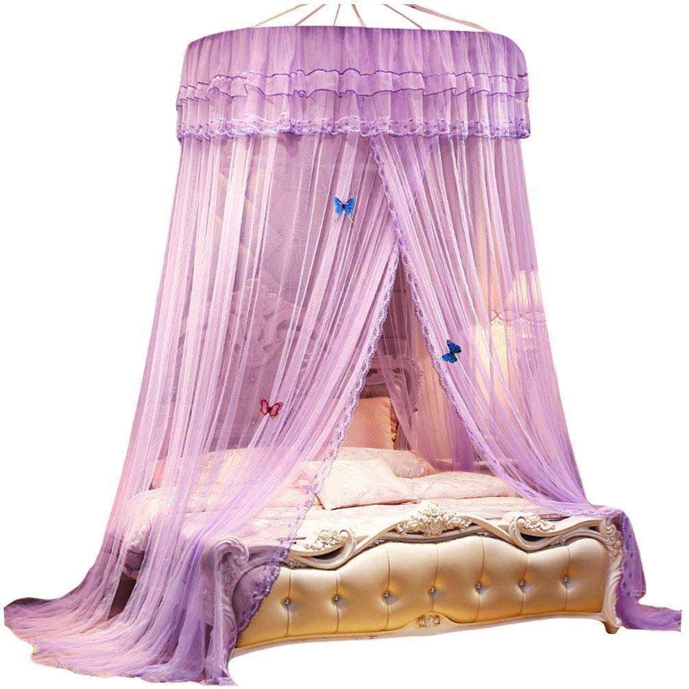 Kaiyei Moskitonetz Universal Himmelbett für Doppel, Einzel, Kinderbetten, Prinzessin Betthimmel Rund mit Klebehaken Schlafzimmer Schmetterling Dekoration Romantisch Palast Violett 120cm×200cm