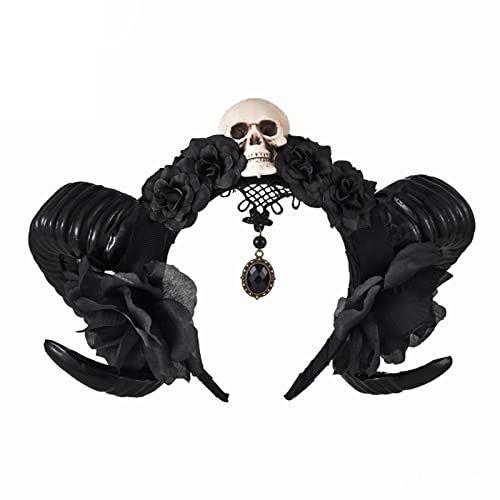 HDKEAN Blumenschädel Stirnband Cosplay Kopfbedeckung für Halloween Party Tragen Schafhorn Haarband Gothic Kopfschmuck Partyzubehör Blume Schädel Stirnband Halloween Party Favor