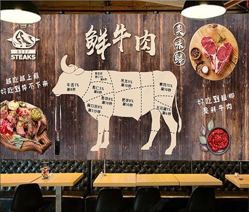 tyujlkjddlf Tapete Wandbild 3D Benutzerdefinierte Rindersteak-Hot-Pot-Restaurant-Hintergrundwand-350Cmx245Cm