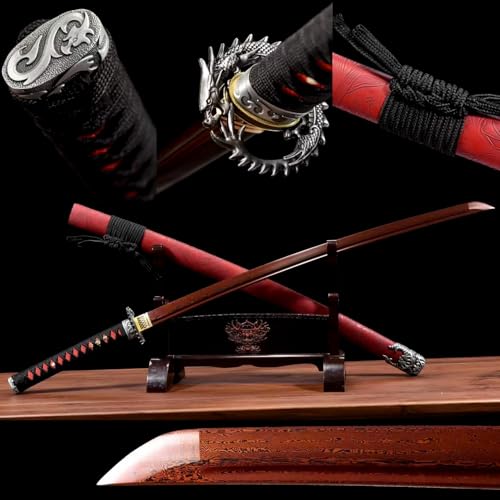 103 cm rotes Katana,Musterstahl Stahlklinge mit rötlichem Finish,Leder umwickelte Holzscheide,handgefertigt Echt Samurai-Schwert für Kendo,Geschenke,Dekoration,Sammlung,Ausstellung,Cosplay