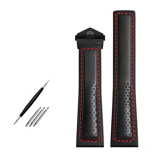 SCRUBY Kuhleder Uhrengurt 22mm Uhrenband für Tag Heuer Fiyta Tissot Watch Band Red Stitches Echtes Lederarmband(Black red-black)