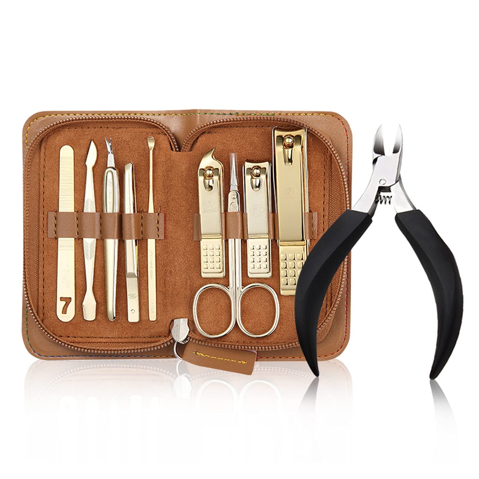 Zehennagelknipser Nagel-Clippers, Nagel-Clippers Pediküre Kit 10 Stück Edelstahl Maniküre Kit Mens Nagel Clippers Nagelpflegewerkzeuge mit tragbarem Reisekoffer (schwarz / braun) Nagelknipser-Set ( Co