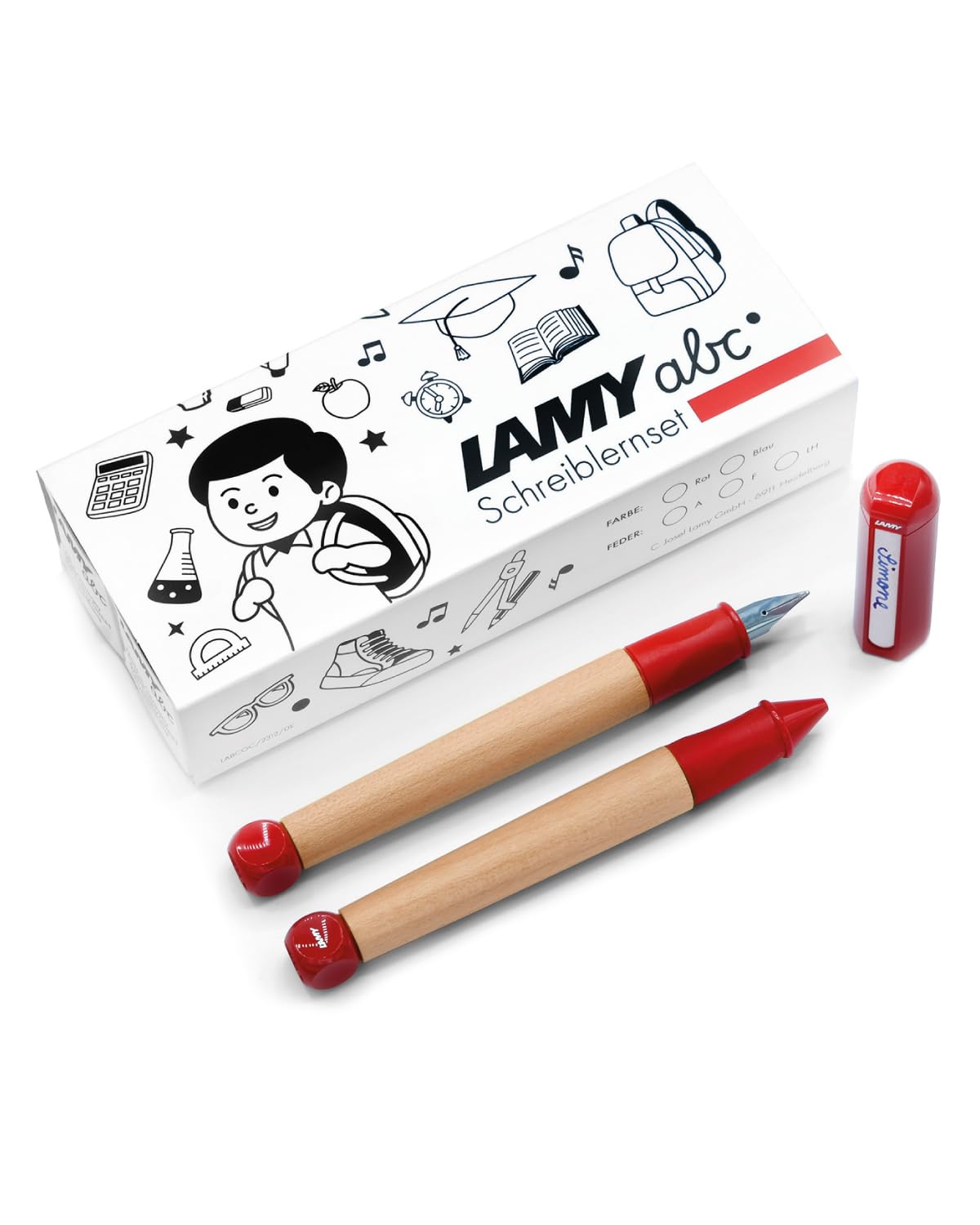 Lamy abc Schreiblernset rot inkl. Geschenkverpackung aus 1x kindgerechtem Schreiblernfüller mit Anfänger Feder und 1x Bleistift, rutschfestes Griffstück, Kappe und Würfel aus Kunststoff