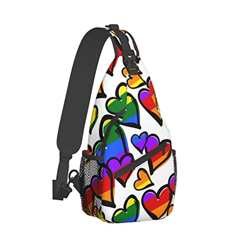 DENMER Cartoon Science Thema Crossbody Brusttasche Schultertasche Wochenende Outdoor Wandern Rucksack, Regenbogenfarbene Gay-Pride-Herzen, Einheitsgröße