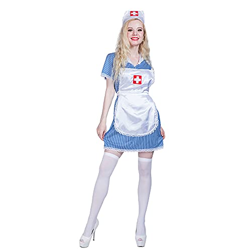 トクとユウ Damen Erwachsene Cosplay Krankenschwester Kostüm Dienstmädchenkleid Halloween Make-up Kostüm (Blau, L)