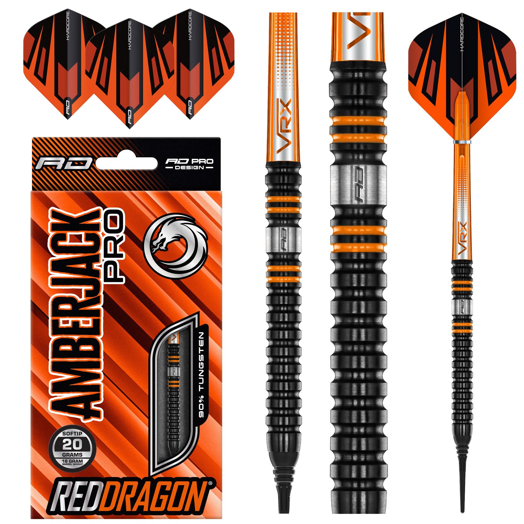 RED DRAGON Amberjack Pro 1 18 Gramm Softip Premium-Wolfram-Darts-Set mit Flights und Stielen