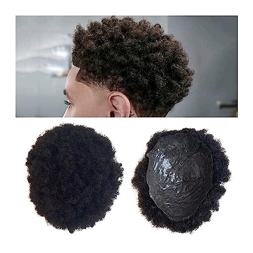 Männer Toupet Männer Toupet Volle Dünne Haut 0,04-0,06mm PU Basis Echthaar Perücke 4mm Afro Lockiges Haar Indisches Remy Haar System Männer Haarteil Natürliche Farbe Haarteil für Männer(Natural Black