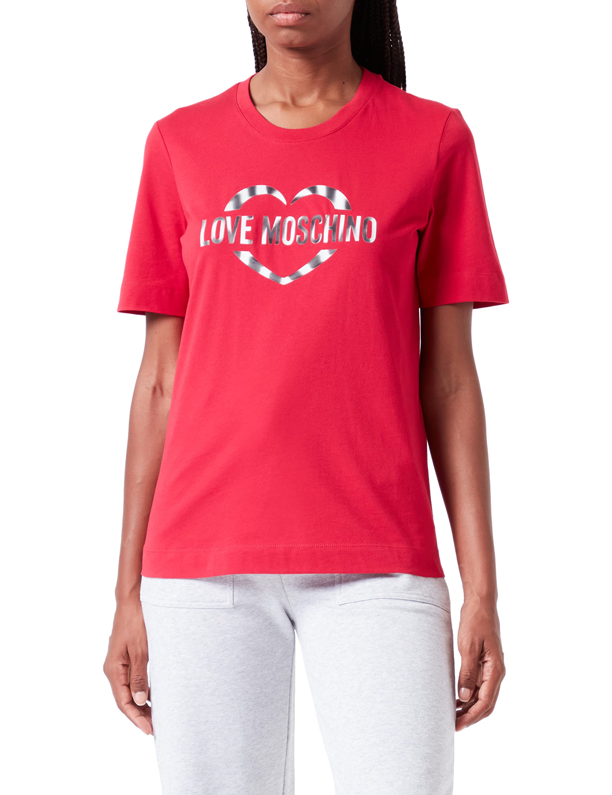 Love Moschino Damen Regular Fit Short Sleeves With Heart Olographic Print T Shirt, Rot, 40 EU