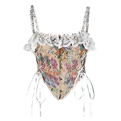 Korsett Damen Bauchweg Corset mit Schnürung Sexy Öse Spitze Blumendruck Unterbrust Vollbrust Oberteil Gräten Rückseite Gürtel Taillenformer Elegant Vintage Palast Stil Corsage Überbrus Shaperwear