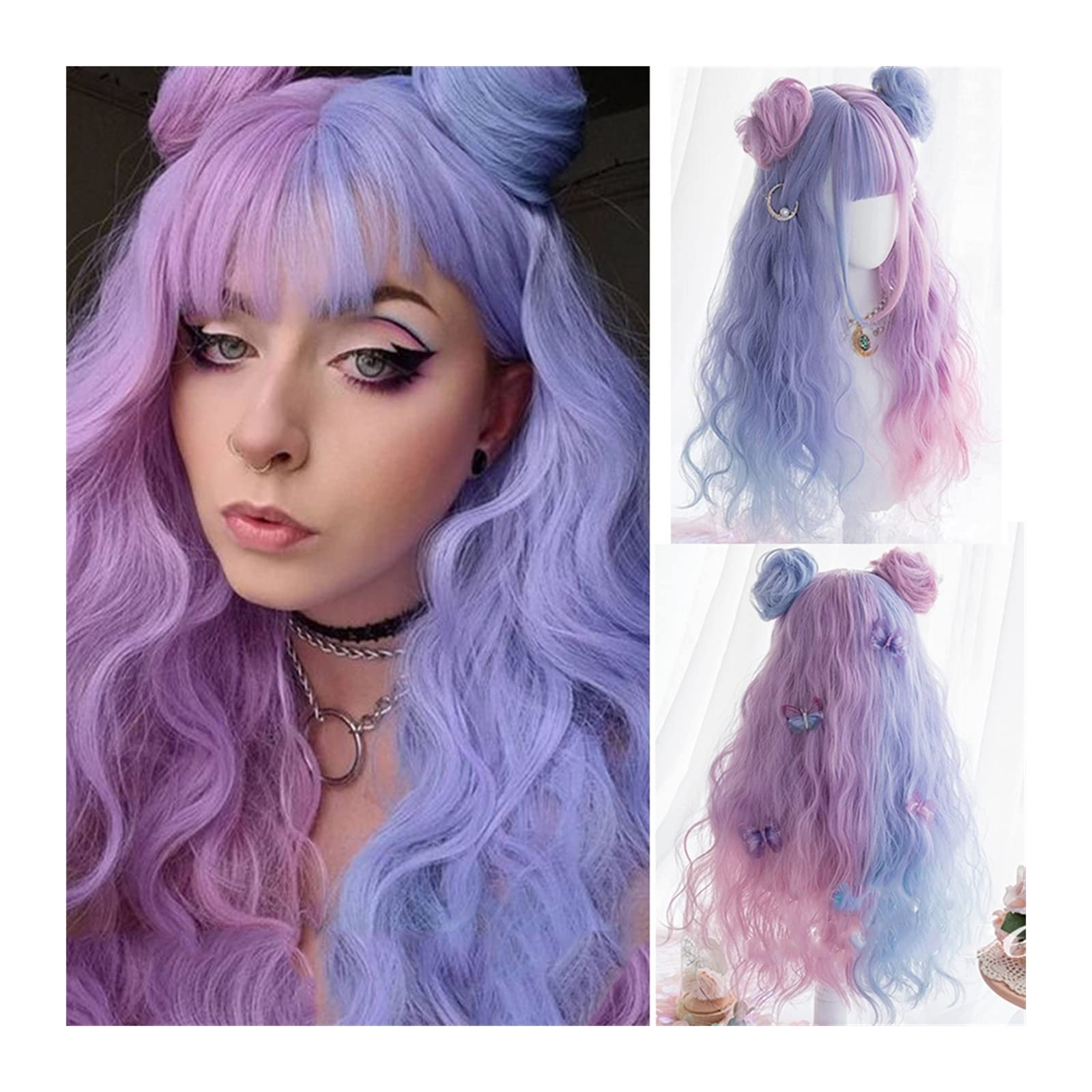 Perücken für Frauen Langwellige lockige Perücke mit Pony und kleinem Haarknoten, lila gemischte blaue rosa lockige Perücke Lolita Cosplay Party synthetische Perücken for Frauen Mädchen für die Täglich