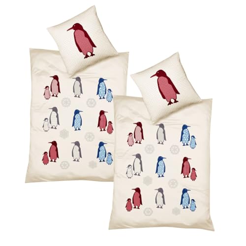 JACK by Fleuresse 4tlg. Fein Biber Bettwäsche 135x200cm Pinguin Rot Blau Grau Creme