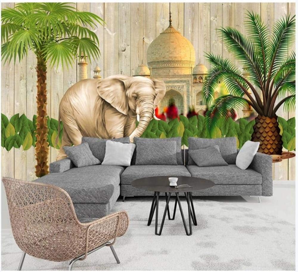 Elefant Grün Baum Schloss Holzmaserung 3D Tapete Poster Restaurant Schlafzimmer Wohnzimmer Sofa TV Dekorative Wand-350cm×256cm