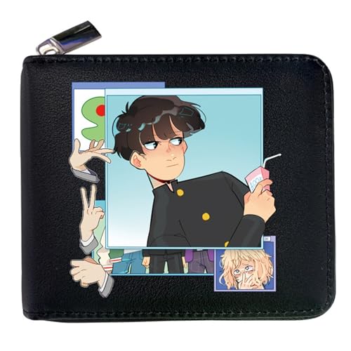 RYNDEX M-ob Psyc-ho 100 Anime-Geldbörsen, Leder Geldbörse mit Reißverschluss-Design, Geldbörse Geldbeutel Portemonnaie für Geschenkidee(Color:Black 8)