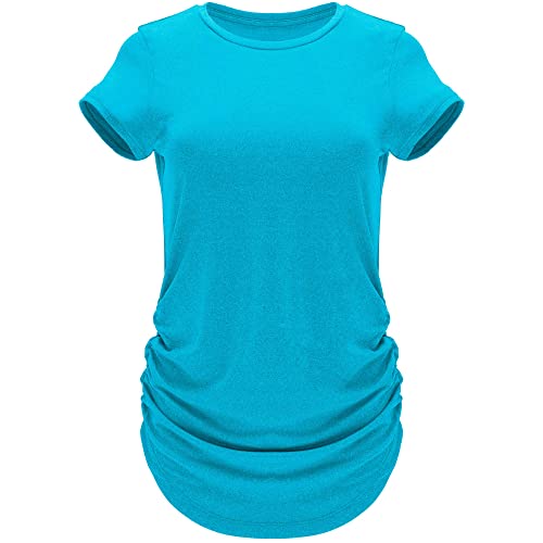 GO HEAVY Damen Multifunktions Work-Out Running T-Shirt Kurzarm Tennisshirt Seiten Plissiert Feutigkeitsregulierdend Türkis XL