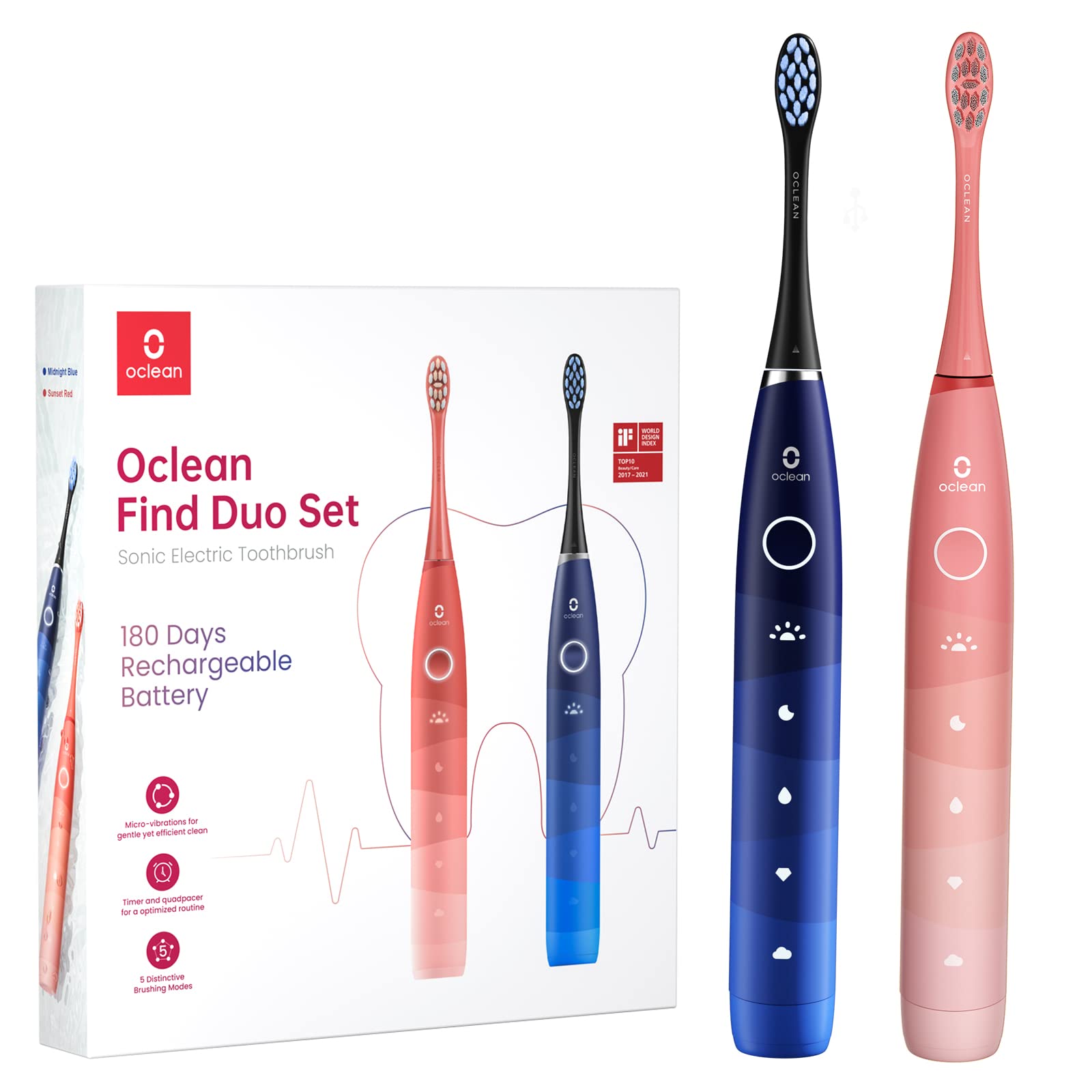 Oclean Find Duo Set Elektrische Zahnbürste, 2er Electric Toothbrush mit 5 Modi, Schallzahnbürste mit 180 Tage Akkulaufzeit, Wasserdicht nach IPX7- Pink & blau