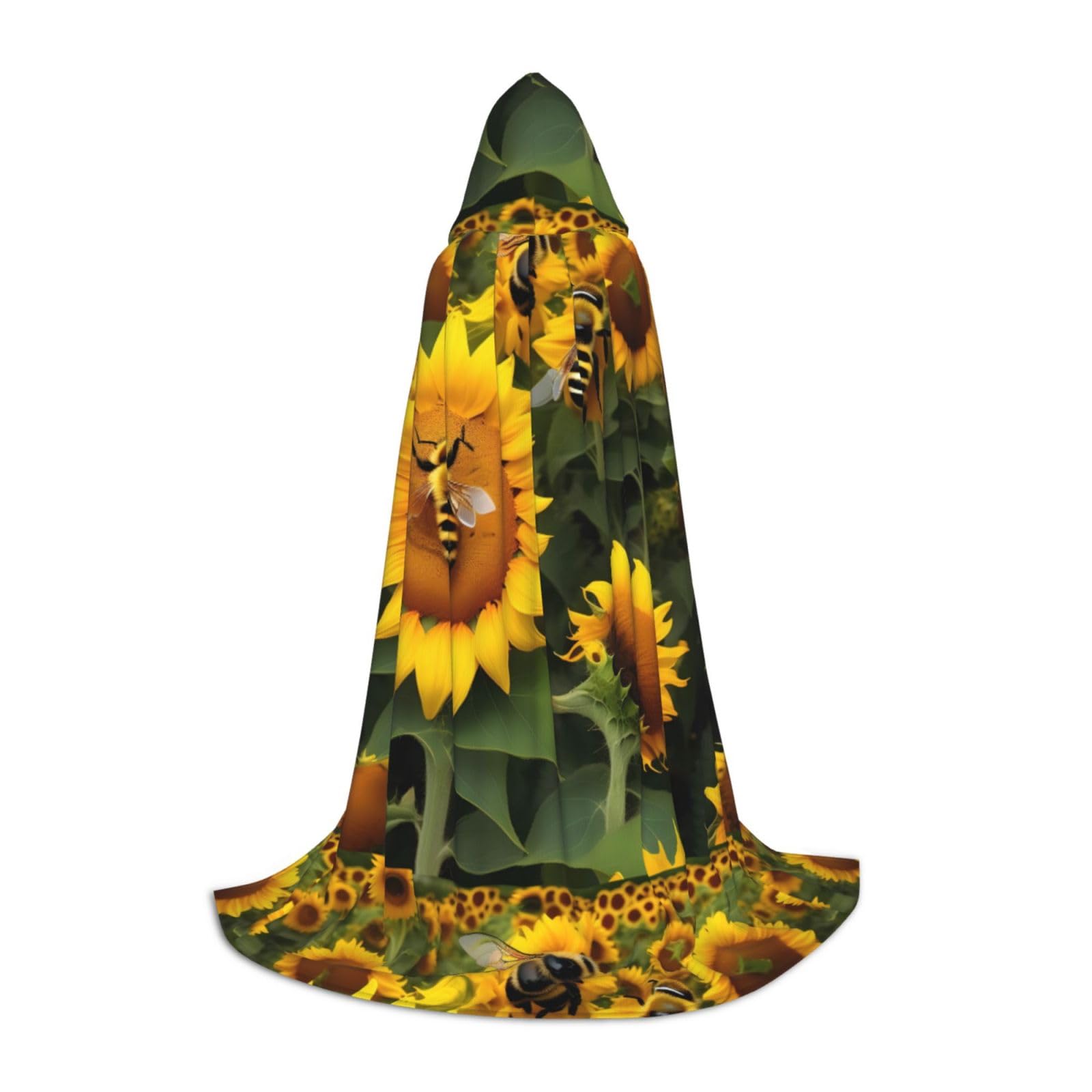 WURTON Kapuzenumhang mit Sonnenblumen-Bienen-Druck, Halloween, Renaissance, Gothic, für Cosplay, Kapuzenumhang, Unisex