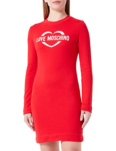 Love Moschino Women's Tight-fit Long-Sleeved with Heart Holographic Print Dress, RED, 42