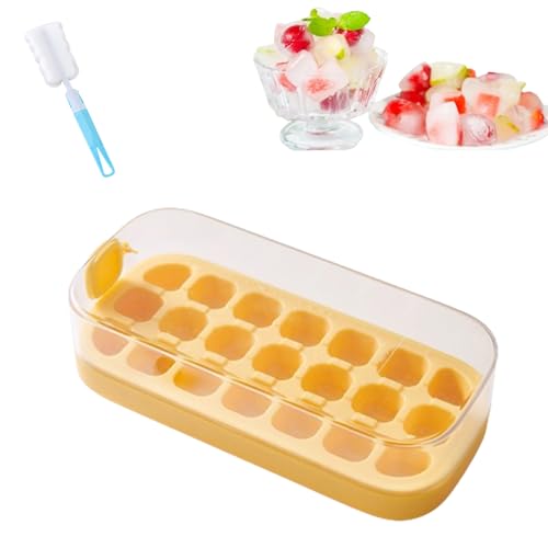 Press-Type Silicone Ice Cube Trays, 21 Pcs Ice Cubes Mold for Freezer Easy Release, Ice Cube Tray with Lid and Bin (Yellow,21 Grids)