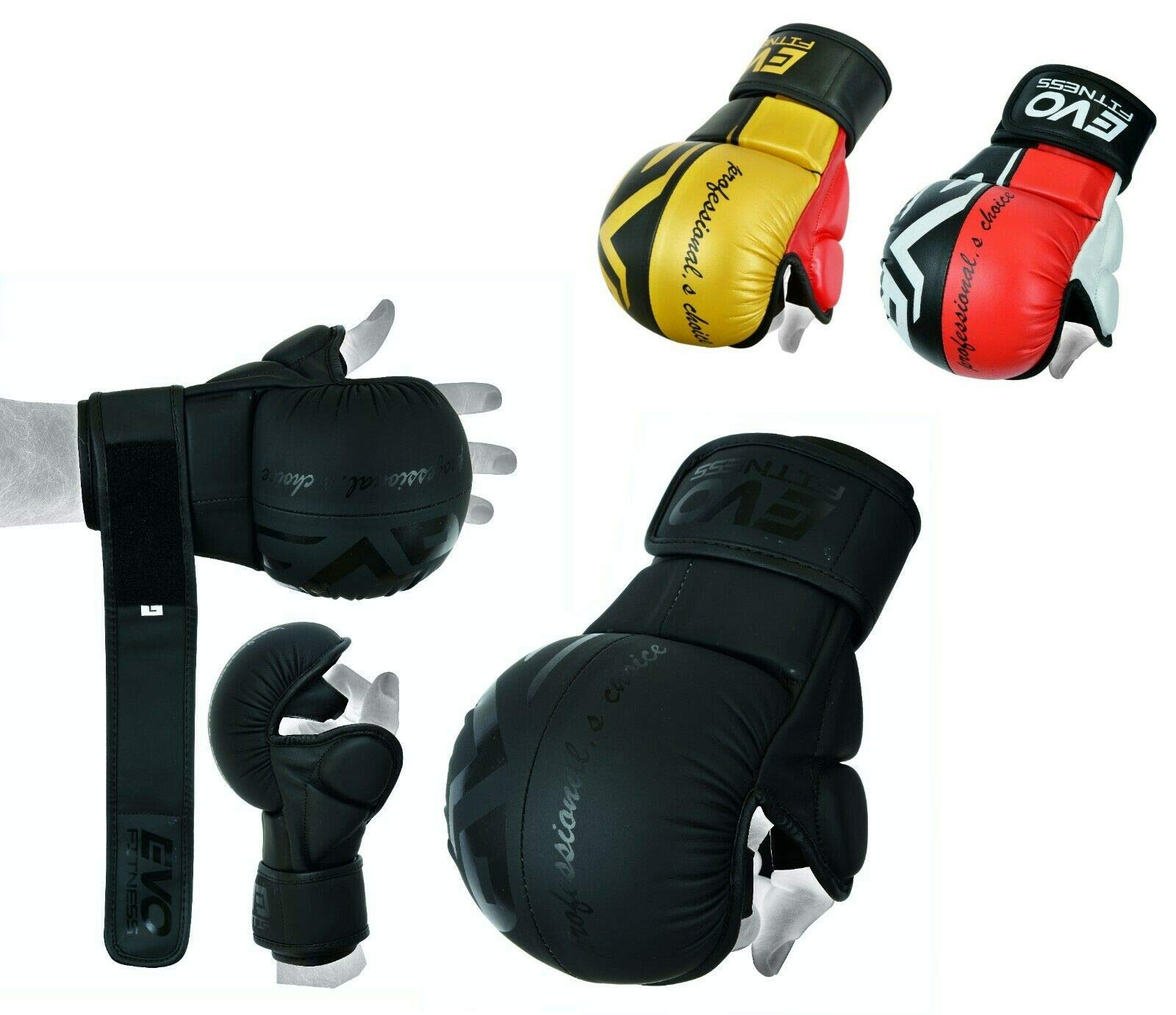 EVO Fitness MMA-Handschuhe aus Leder, für Muay Thai, Kampfsport, Kickboxen, Grappling, UFC, Käfigkampf, Sparring, Trainingshandschuhe, Mattschwarz (Schwarz & Rot, XL)