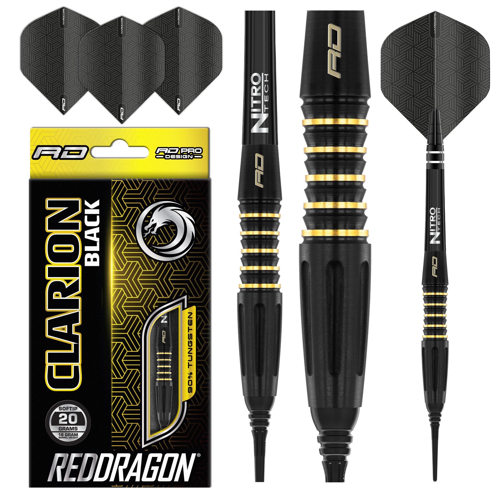 RED DRAGON Clarion Black 20g Softip Tungsten Darts Set with Flights and Stems