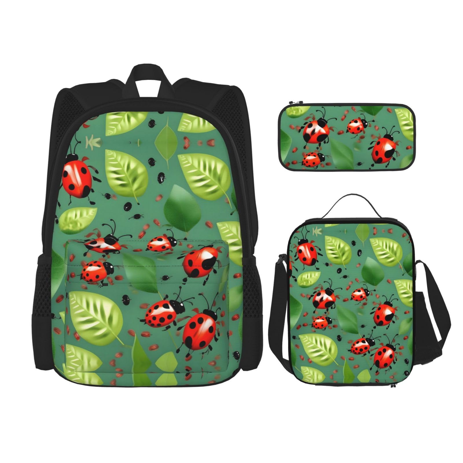 WURTON Lunchbox mit Blättern und Marienkäfern bedruckt, Federmäppchen, Rucksack-Set, 3-teilig, verstellbare Riemen, langlebig, leicht, Schwarz, One Size