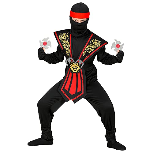 Widmann - Kinderkostüm Ninja mit Waffenset, Schwarz - Rot, Kämpfer, Krieger, Japan, Mottoparty, Karneval