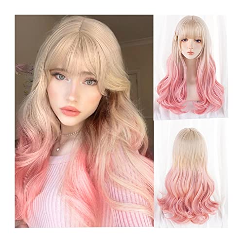 Perücke für Frauen Lange gewellte Perücke mit Pony, ombreblond bis rosa, natürlich gelockte Perücke for Frauen, hitzebeständige, synthetische, geheiligte Cosplay-Haarperücken Human Hair Wig