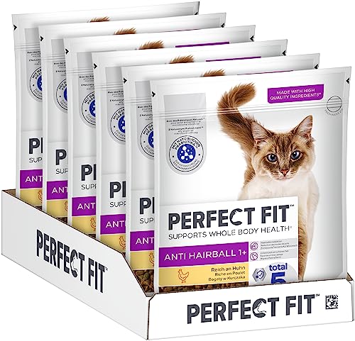 PERFECT FIT Anti-Hairball Adult Trockenfutter für erwachsene Katzen ab 1 Jahr - Huhn, 750g (6 Beutel)