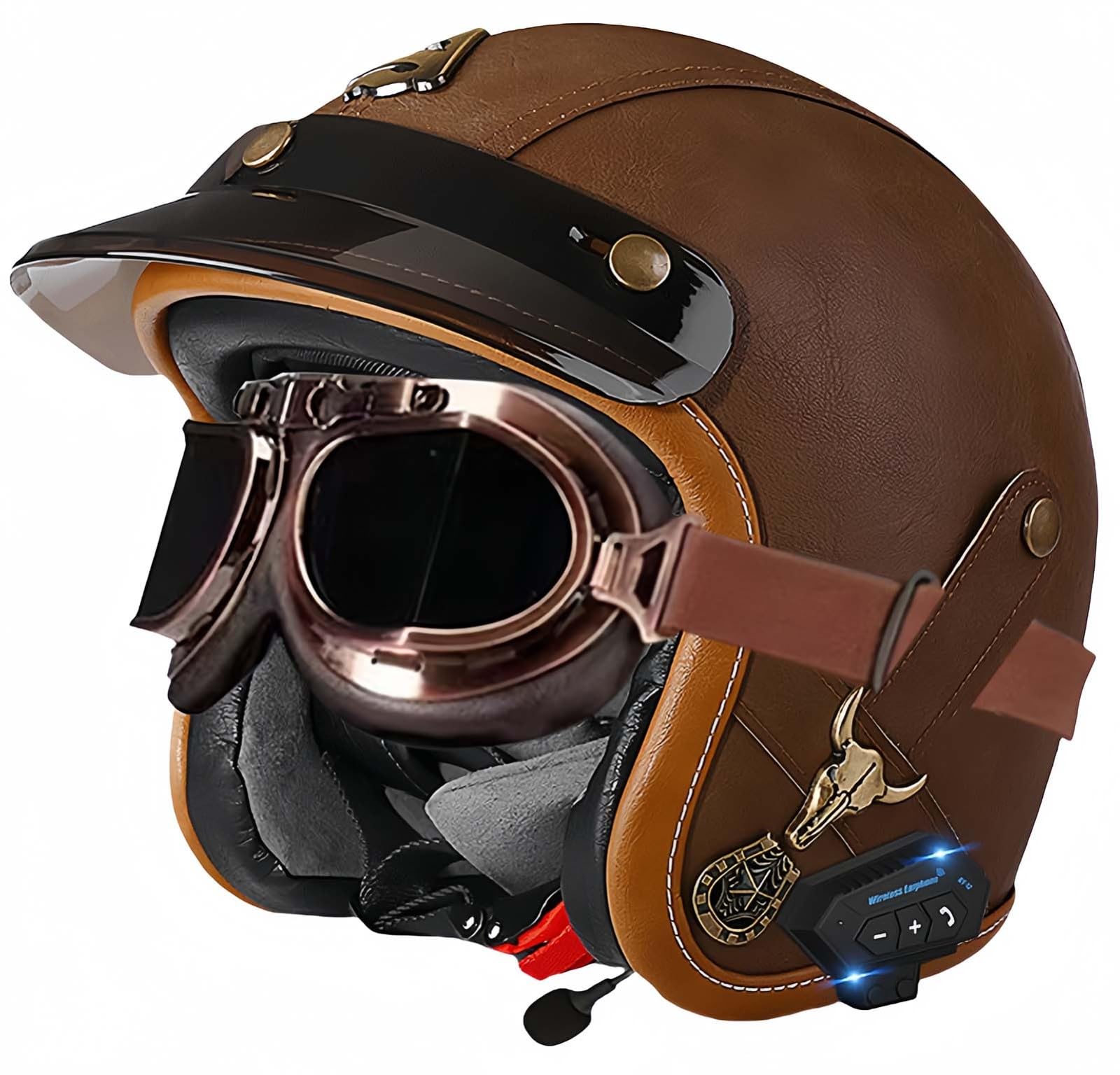 Bluetooth-Helme, Vintage-Motorrad-Halbhelm, ECE-geprüfter offener Mopedhelm mit doppelter Größenverstellung für Cruiser-Bikes, Erwachsene, Männer und Frauen H,L57-60CM