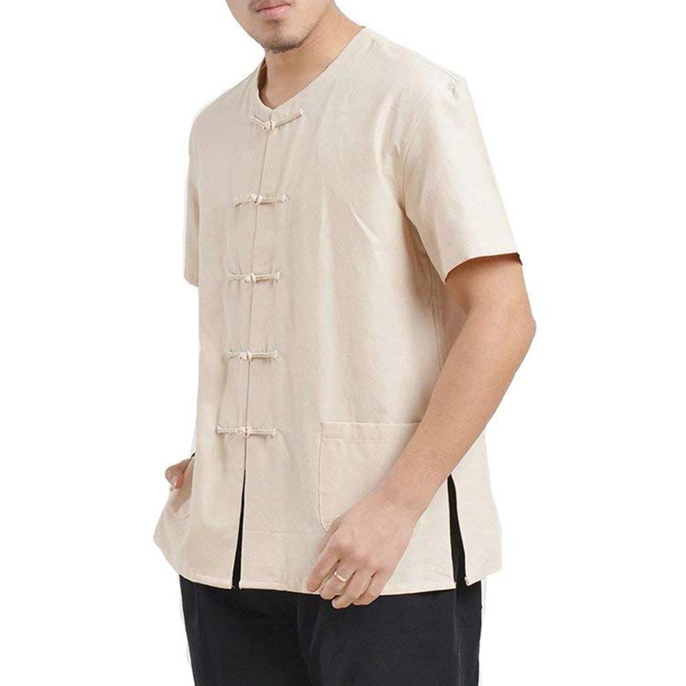 G-LIKE Herren Kung Fu Hemd - Traditionelle Chinesische Kleidung Handarbeit Tangzhuang Stil Jacke Kampfkunst Tai Chi Wing Chun Kurze Ärmel Ohne Kragen Uniform für Männer Frauen (Beige, XL)