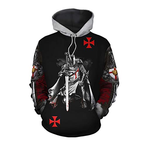 QYIFIRST Herren Tempelritter Print Kapuzenpullover Polyester Fleece Hoodies Lässige Kapuzenpullover Outdoor Travel Sweatshirt Paar Schwarz 5XL (Brustumfang 125cm)