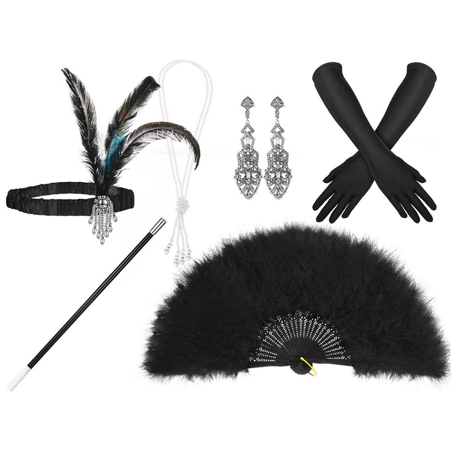 Aurgiarme 1920er Jahre Gatsbys Zubehör-Set für Damen, brüllende 20er-Jahre Zubehör, Flapper-Kostüm mit 20er-Jahre-Stirnband, Halskette, Handschuh, Ohrring, 1920er-Jahre-Kostüm-Zubehör-Set für Herren