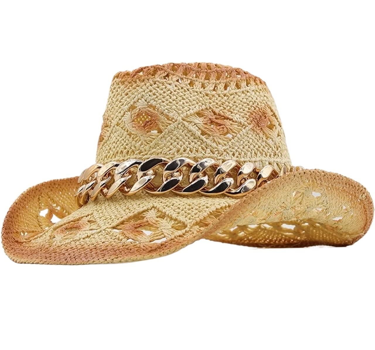 YIHANSS Sonnenhut Strandhut Herren Damen Western Cowboyhut Sommer Breite Krempe Hohl Sombrero Papyrus Sonnenhut Strohhut Hüte