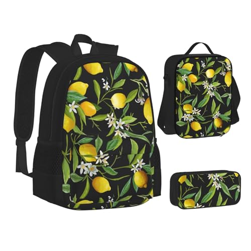 WURTON Büchertasche, Federmäppchen, 3-in-1, Schulrucksack, Kinderrucksack, Grau und Gelb, Zitrone und Blume, Einheitsgröße