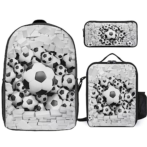 3D-Fußball-Rucksack-Set für Jungen und Teenager, 3-teiliges Sport-Fußball-Rucksack-Set mit niedlichem Federmäppchen, isolierte Brotdose für Kinder, Schulranzen-Set (Bookbag7,17inx12.6inx5.5in)
