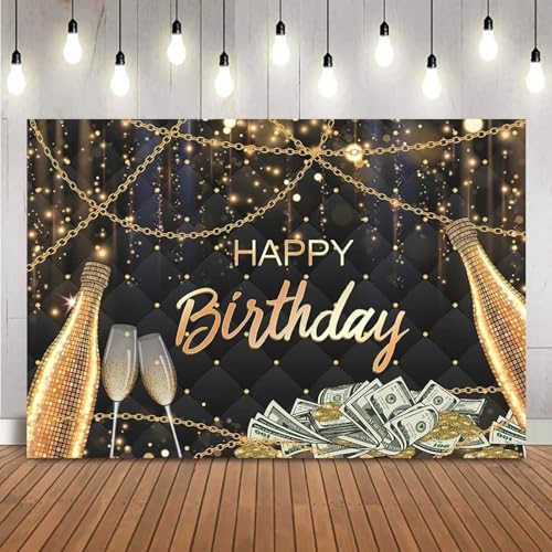 Alles Gute zum Geburtstag Gold Glitzer Glänzender Hintergrund Schwarz Champagner Gold Foto Hintergrund Große Gold Kette und Banknoten Dekorationen 300x200cm