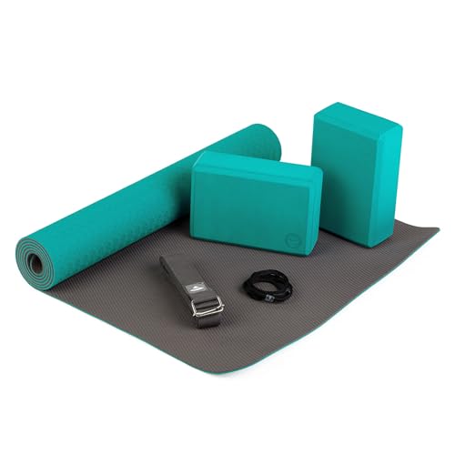 Bodhi Yoga Starter-Set Komplett | Set bestehend aus: 1 Yogamatte aus TPE, 2 Yoga-Bricks aus Eva (Moosgummi) und 1 Yoga-Gurt aus Baumwolle | Einsteiger-Set für Yoga-Anfänger (Petrol)